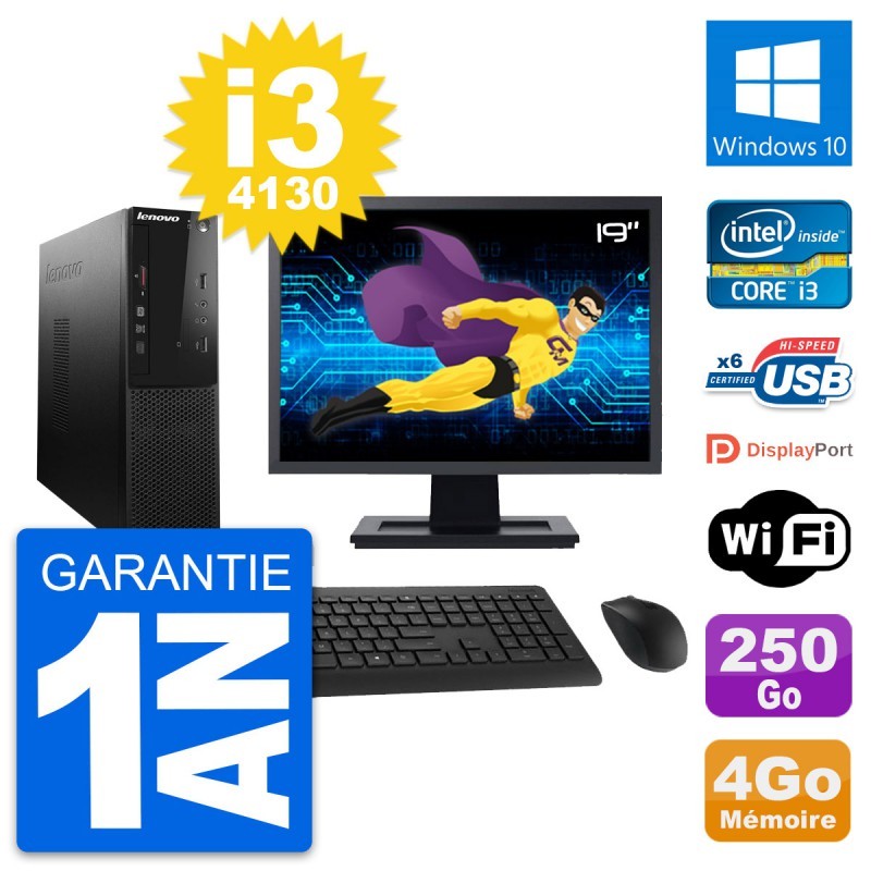 PC Lenovo S500 SFF Ecran 19" Intel i3-4130 RAM 4Go Disque 250Go Windows 10 Wifi