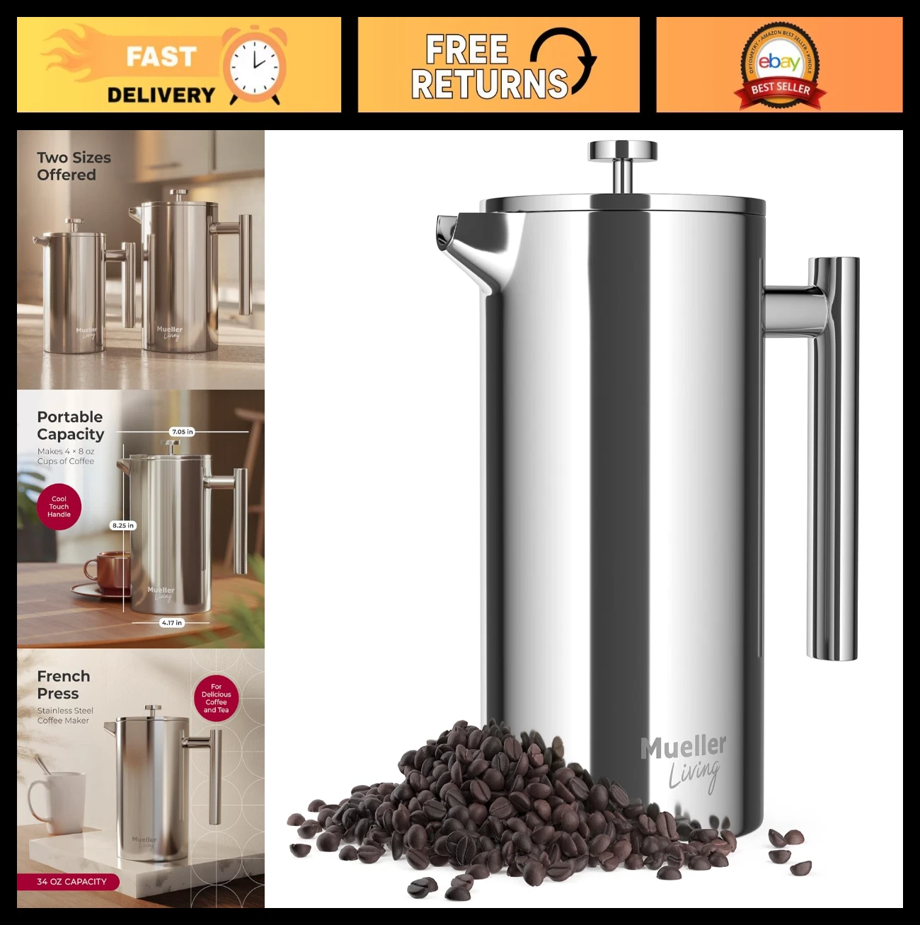 34oz Stainless Steel French Press Coffee Maker - Double Insulated, 4 Filters, Di
Opens in a new wind