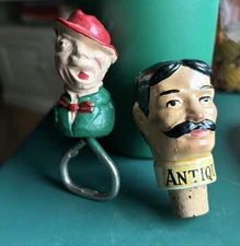 Vintage Barware Happy Drunk Bottle Opener & Mustache Guy Cork Stopper/pour Holes