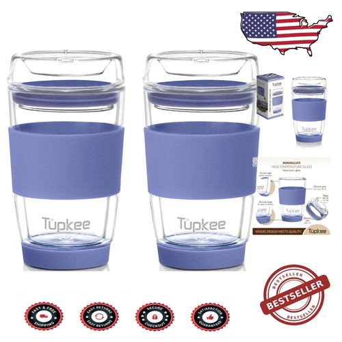 Insulated Borosilicate Glass Travel Mug Set - 8 oz Double Wall Tumblers, 2 Pack