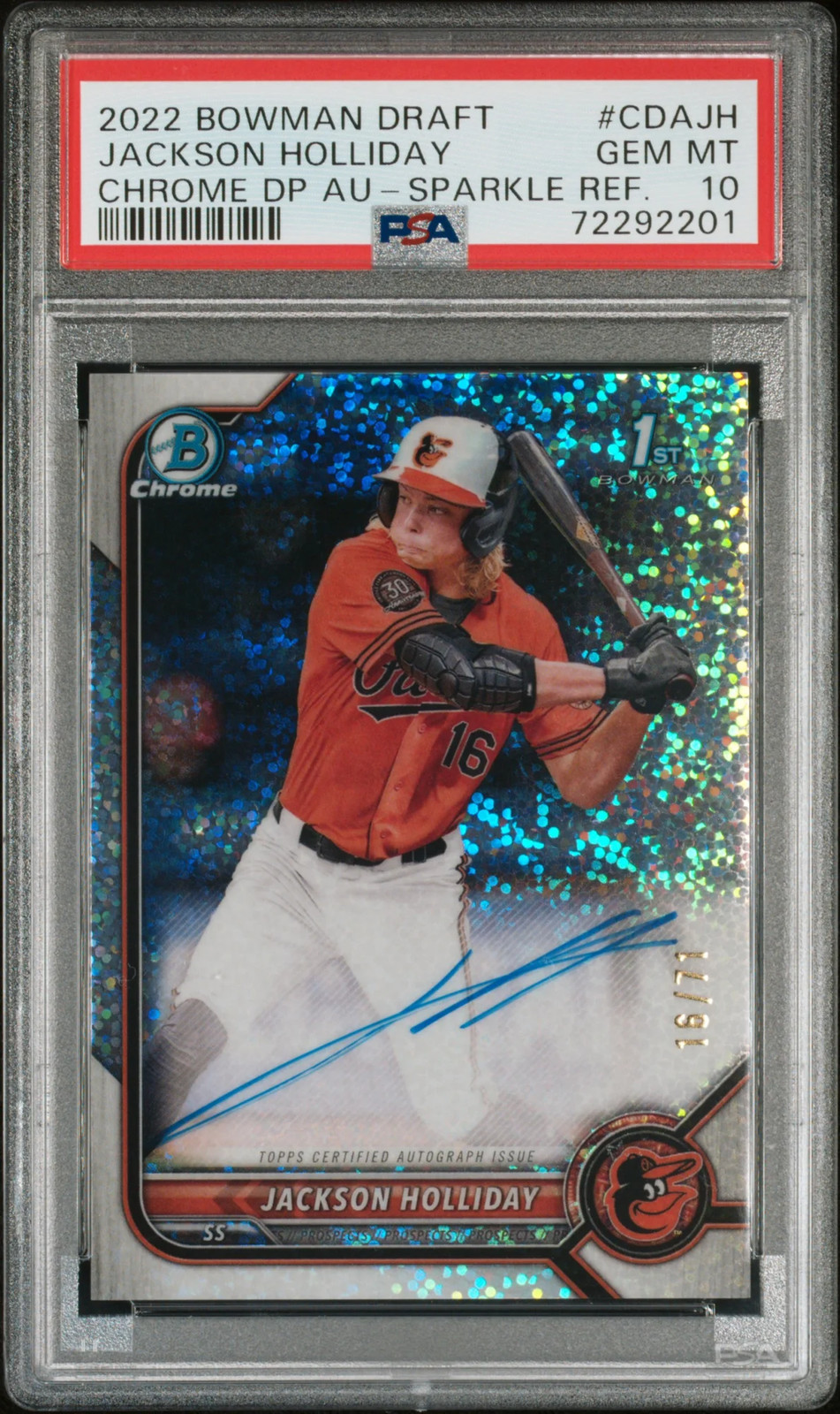 2022 Bowman Draft Chrome Auto Jackson Holliday Sparkle Refractor PSA 10 #16/71 view 1