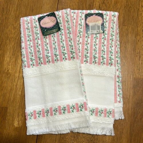 VTG Kitchen Bath Hand TOWELS (2) Charles Craft Pink Rose Stripe Cross Stitch (B)