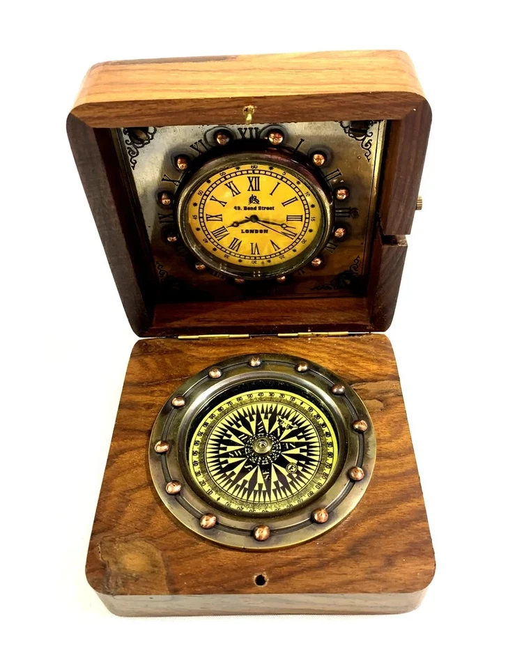Vintage Wooden Engraved Clock & Compass Antique Nautical Decorative Compass Gift Foto 3 de 4