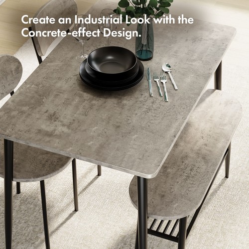 Dining Room Set, Grey Conrete Effect Dining Table, Chairs & Bench Set, Vonhaus - Picture 5 of 11