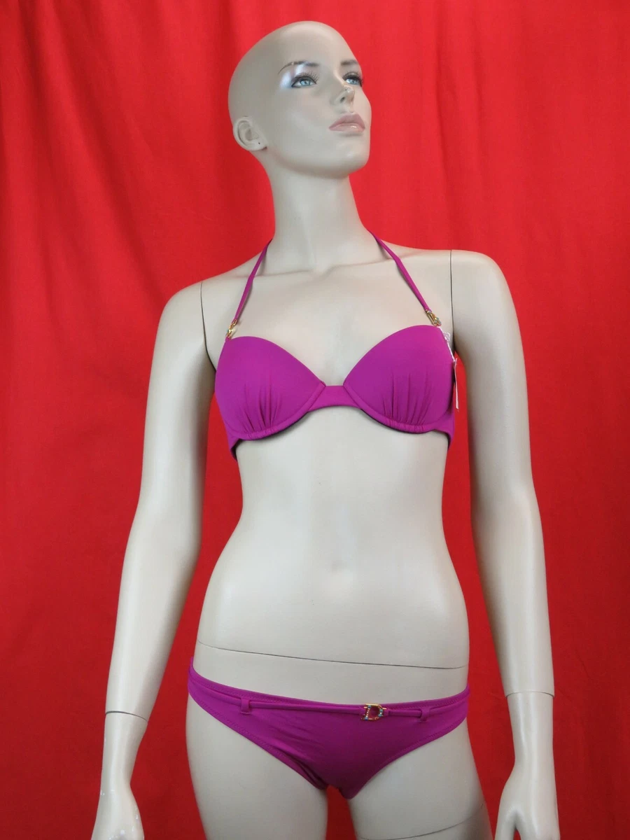 CHRISTIAN DIOR FUCHSIA NYLON CRYSTAL CHARM LOGO HALTER STRAP 2 PCS SWIMSUIT US 4