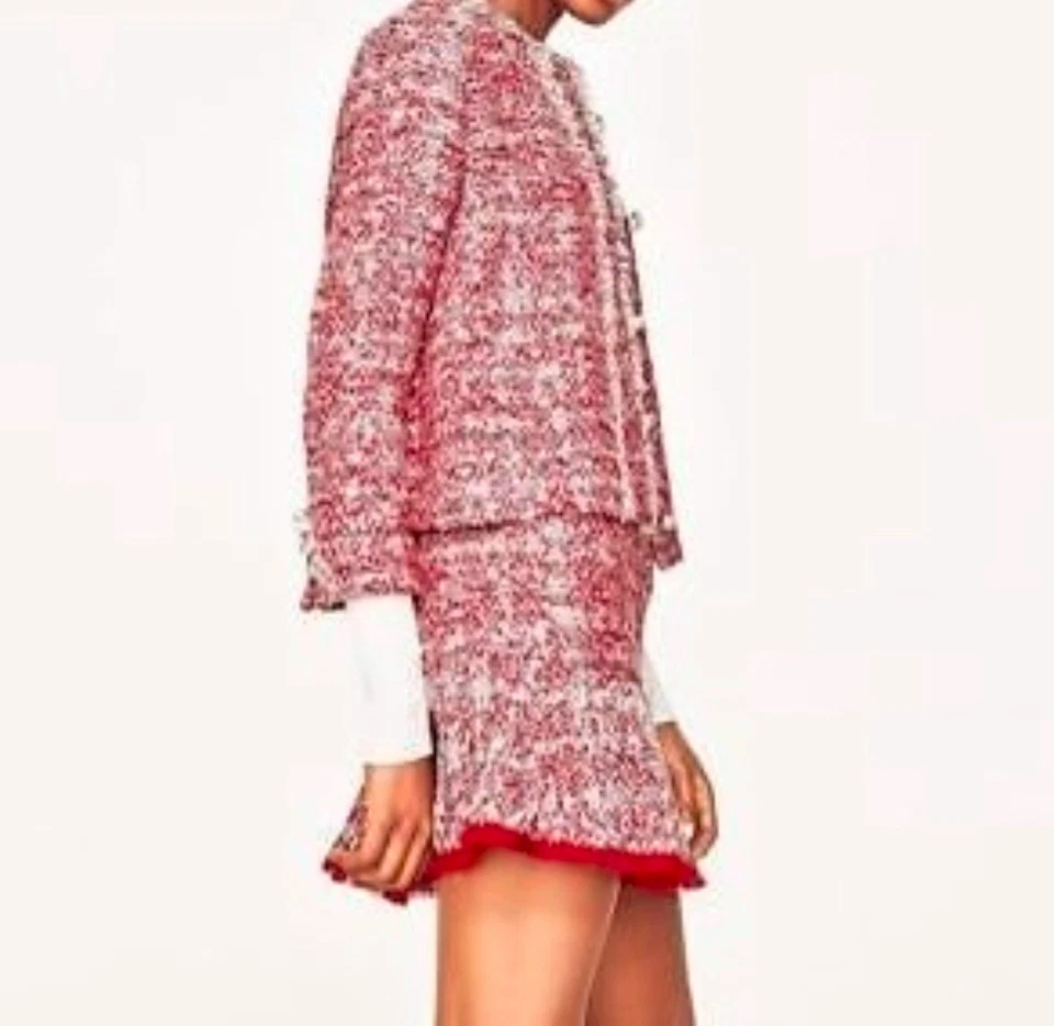 ZARA Red Tweed Textured Weave Frayed Blazer Jacket Size S /Mini Skirt Size M Set - Image 3 of 4