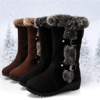 Winter Warm Mid Calf Snow Boots Women Fur Lined Flat Buckle Casual Long Shoes