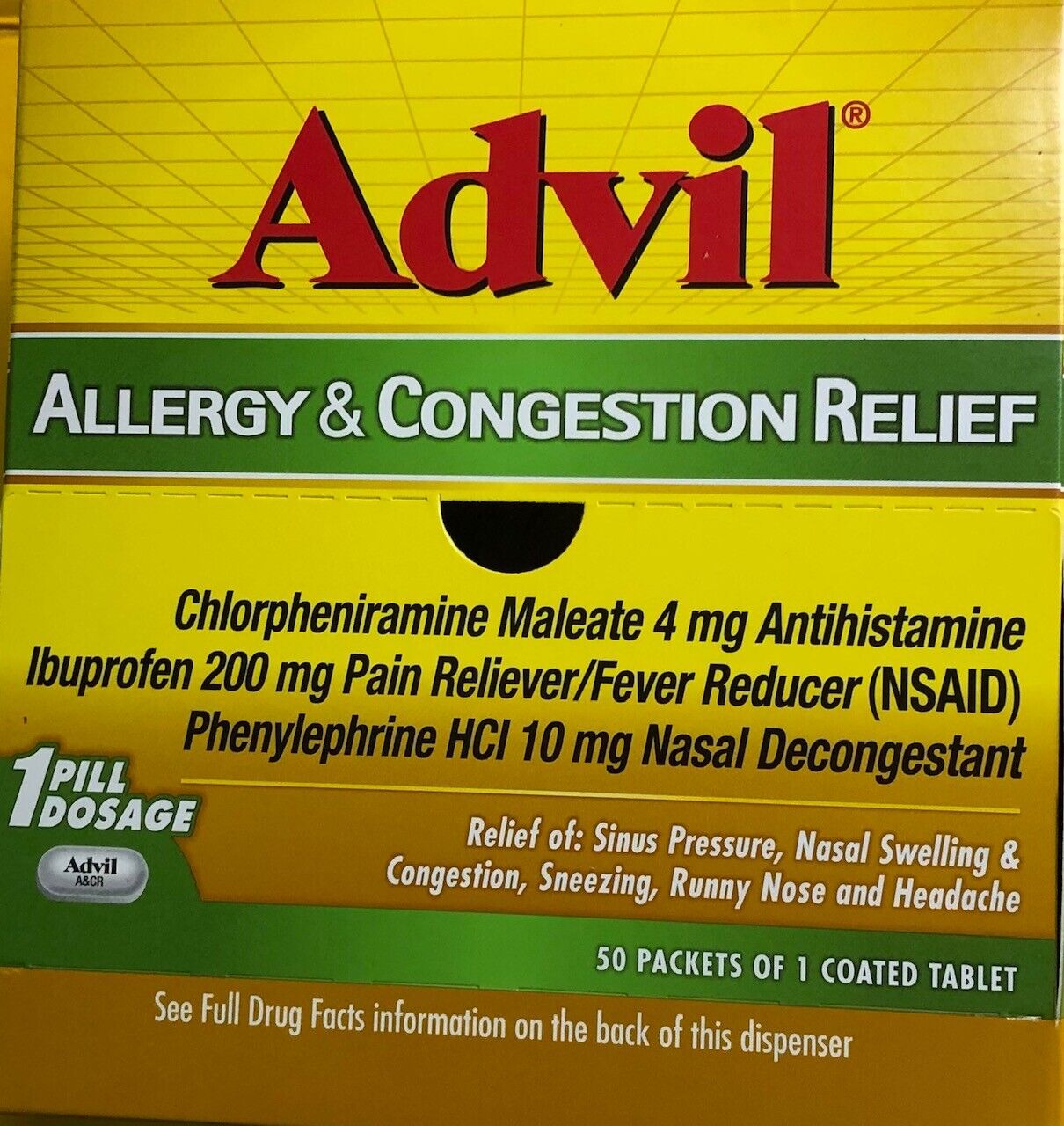  Advil Allergy & Congestion Relief 50 pack / 1 Coated Tablets  Exp:1/2022