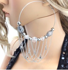 Goth Punk Large Fashion Glam Silver Metal Chain Beaded Dangle Hoop Earrings