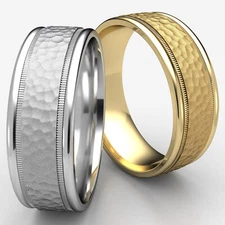 Hammered Center Milgrain Edge Men's Women's Ring 8mm Wedding Band 14k White Gold