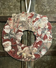 Santa Claus Post Card Vintage Retro Style Wood Christmas Wreath Front Door Decor