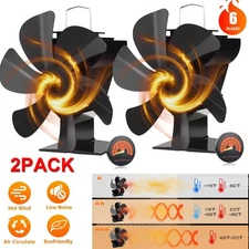 2PC 6 Blade Stove Fireplace Fan Eco Heat Powered f Wood/Log Burner + Thermometer