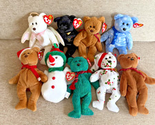 Lot of Ty Beanie Babies: Snowgirl, Holiday Teddy, Wallace, Curly, Halo, The End