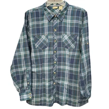 L.L. Bean Men’s Tartan Plaid Shirt Blue Green Cotton Button Tab Sleeve L