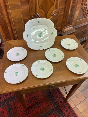 1 Herend Apponyi Servierschale grün ~27,5cm und passende  6 Gebäck Teller 15,5cm