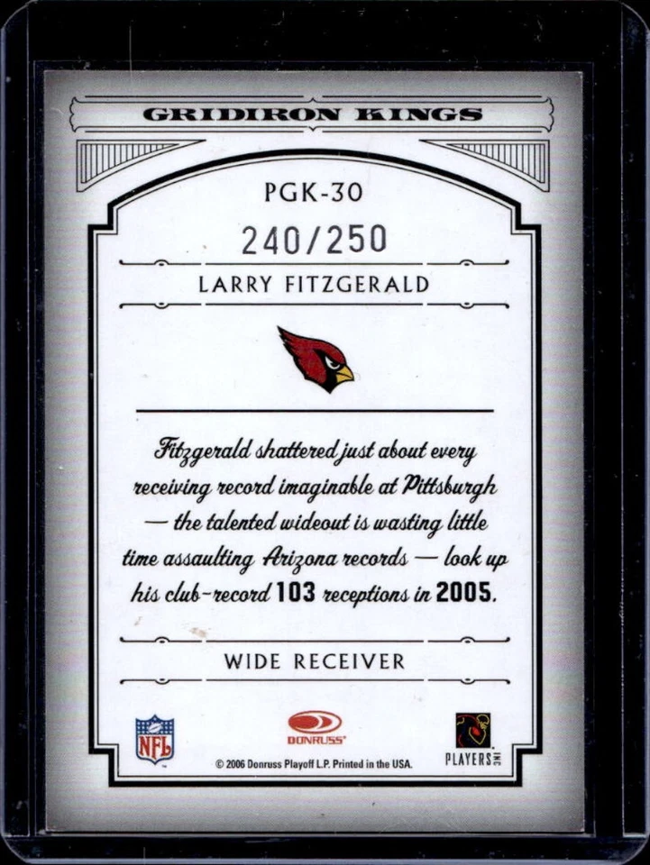 2006 Donruss Threads Larry Fitzgerald Pro Gridiron Kings Silver Holofoil #/250 - Image 2 of 2