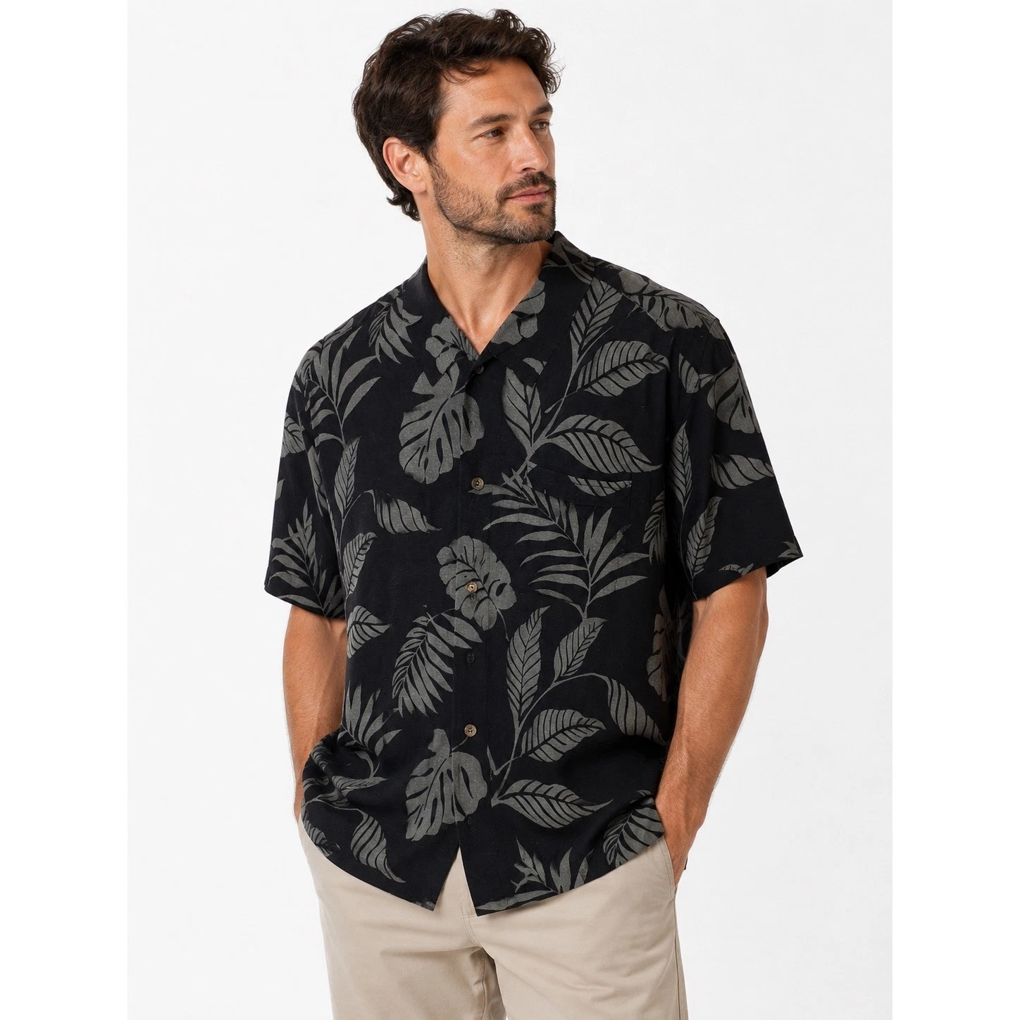 Jamaica Jaxx Silk Button Down Mens Medium Black Grey Tropical Leaf Aloha Shirt