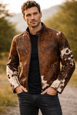 Men s Cowhide Hair-On Leather Jacket Western Pony Skin Cafe Racer Cow Print Coat