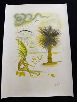 SALVADOR DALI painting drawing on old paper signed stamped