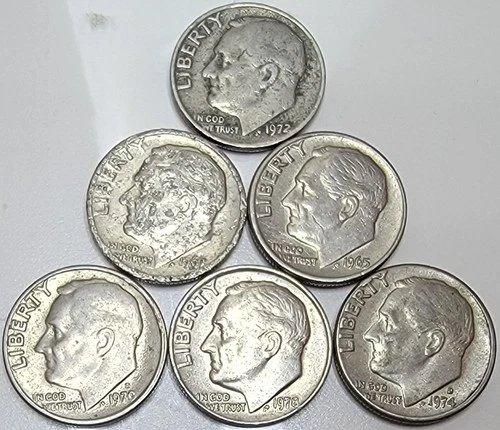 Lot of 6 1960's 1970's Roosevelt Dimes Some AU Brilliant Circulated