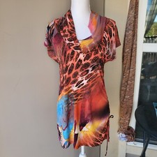 Papillon Blanc Dress Womens Large Red Orange Animal Print Cowl Neck Cinched Side