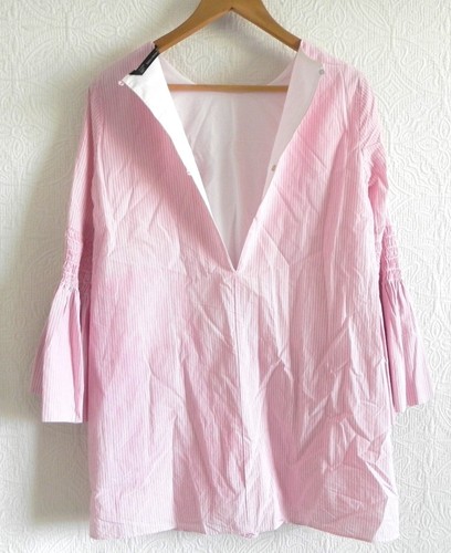 Zara Mini Jumpsuit/Skort Long/Bell Sleeve Cotton Striped Cut-Out Back Size XS - Picture 7 of 9