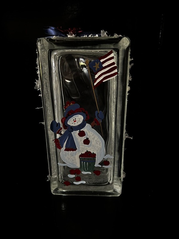 Hand painted glass block snowman American flag Winter decoration