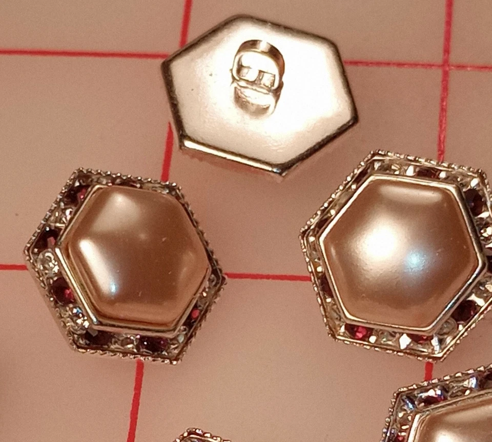 5 Fine Vintage Czech Shank Button Hexagon Pearl Tiny Rhinestones Clear Plum 3/4" - Image 4 of 4