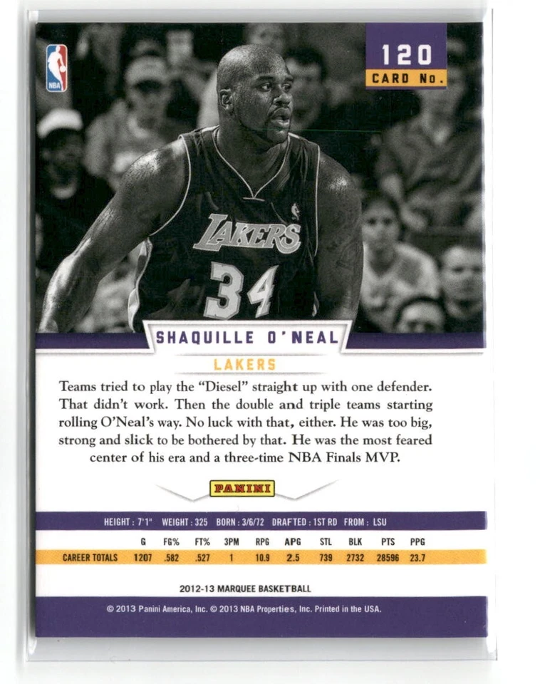 Shaquille O'Neal 2012-13 Panini Marquee LEGENDS #120 Los Angeles Lakers HOF - Image 2 of 2