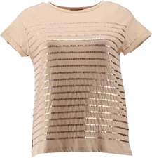DG2 Diane Gilman Sequin Striped Tee Taupe Champagne L NWOT (611)