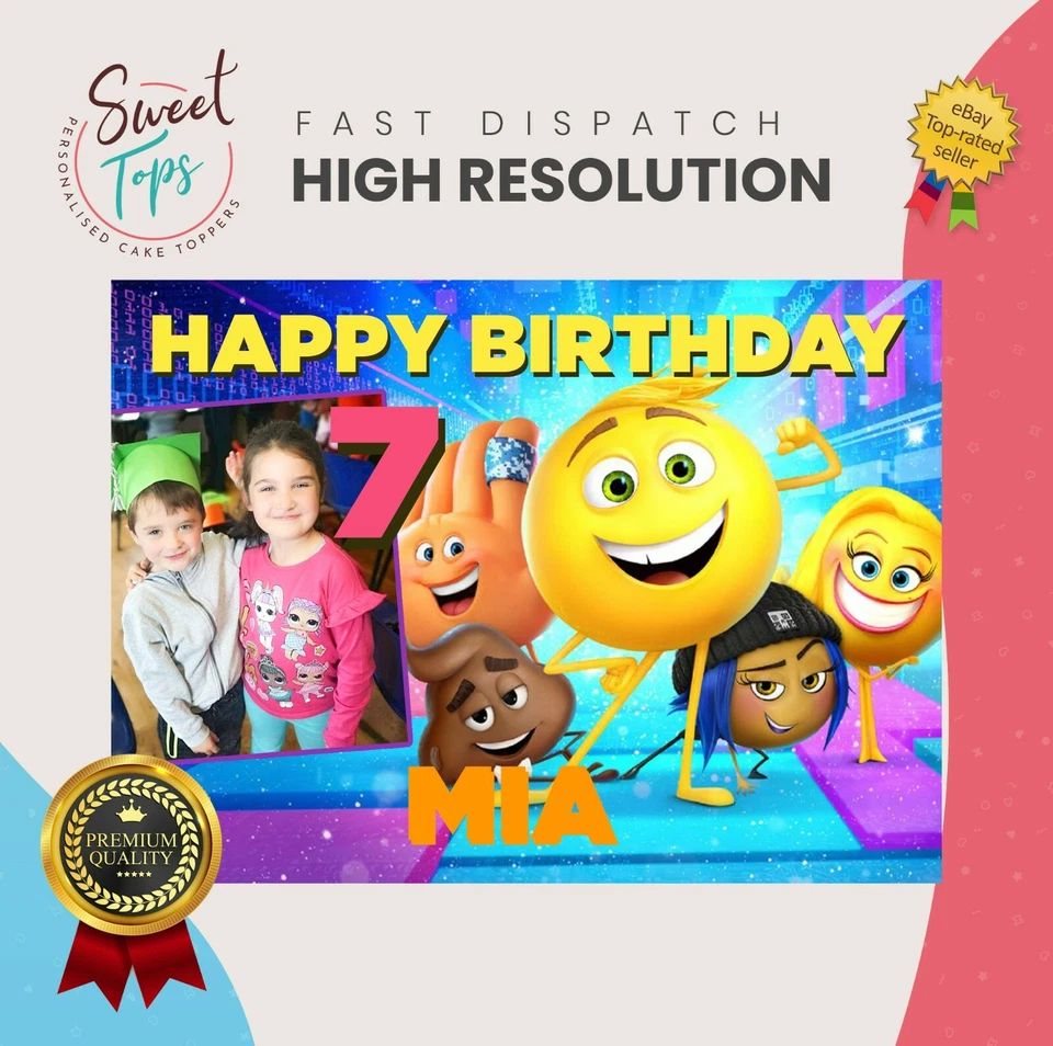 EMOJI + PHOTO RECTANGLE EDIBLE CAKE TOPPER DECORATION PERSONALISED - Image 1 of 1