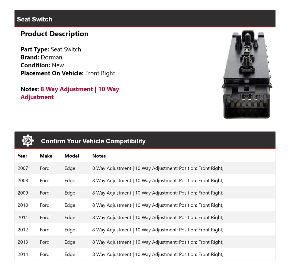 Interruptor de asiento delantero derecho Ford Edge Dorman 2007-2014 2008 2009 2010 2011 2012 Foto 2 de 4