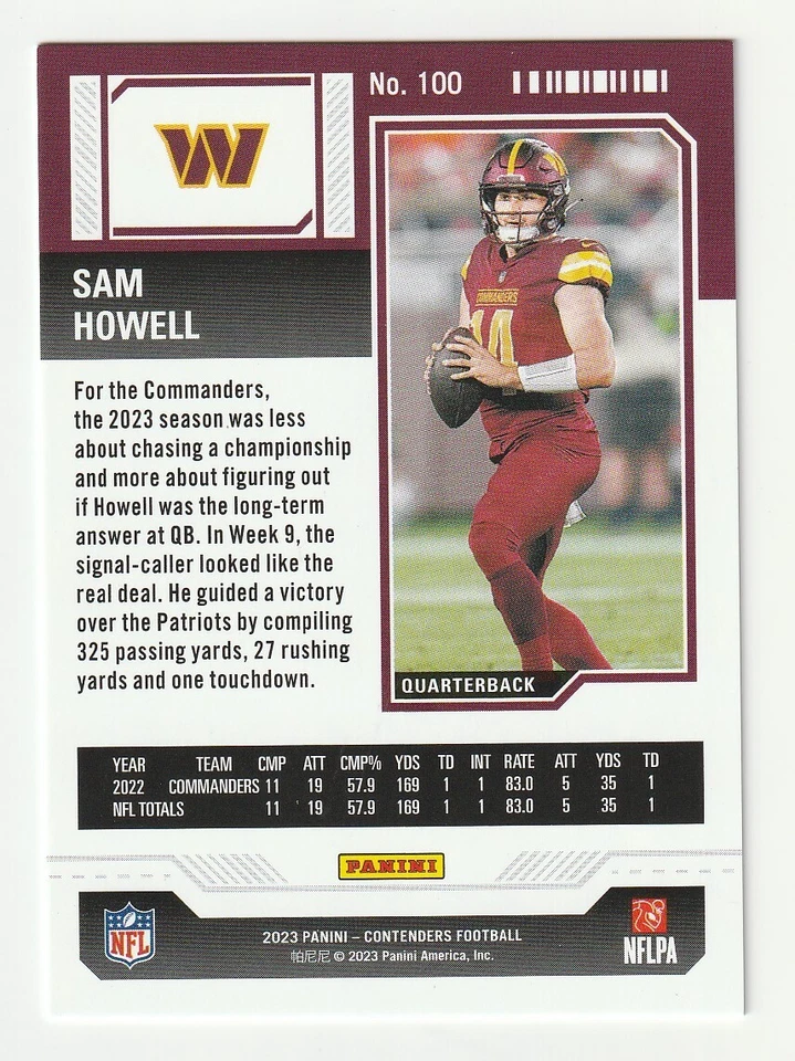 2023 Panini Contenders Sam Howell Cracked Ice Season Ticket /25 Commanders #100 - Image 2 of 2