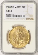 1908 No Motto $20 Gold Saint Gaudens Double Eagle NGC AU58