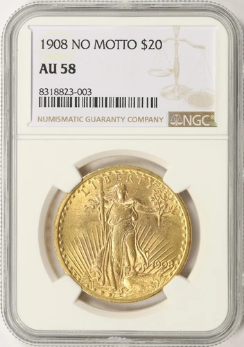 1908 No Motto $20 Gold Saint Gaudens Double Eagle NGC AU58