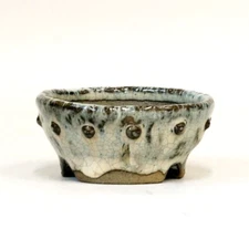 Japanese Bonsai pot ECHIZEN BUNZAN signed White glazed Rivets Round φ3.1" *1185