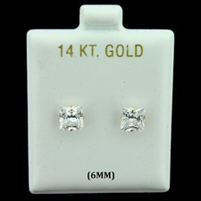 14K Real Solid Gold 6mm Princess Cut Square CZ Stud Earrings, Men Women
