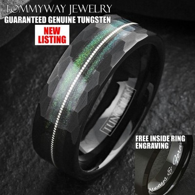Custom Engraved Black Tungsten Carbide Green Sand Guitar String Band Ring
