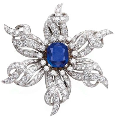 3.32 ct Natürlicher Rund Diamant 14K Weißgold Brosche Pin mit Saphir - Bild 1 von 4