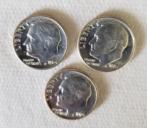 Lot of 3 1964 D Uncirculated Roosevelt Dimes - BU - 90% Silver