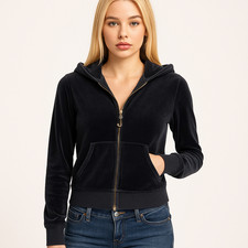 VTG Y2K Juicy Couture Black Velour Zip Hoodie Small Baddie Retro Loungewear