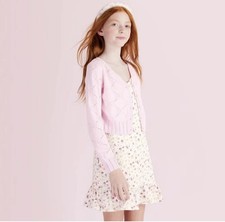 Girls' Emilie Shrunken Pointelle Bow Cardigan - LoveShackFancy Pink XL - NEW