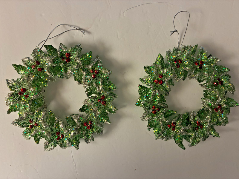 2 Acrylic - Holly Berry Sparking/Glitter Wreath Christmas Ornament 5” Diameter