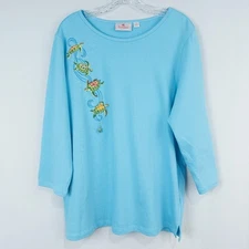 Quacker Factory 3/4 Sleeve T-Shirt with Fun Dangle Turq Turtles L New