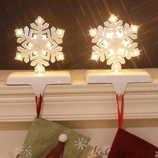 2PCS White LED Snowflake Stocking Holder Xmas Stocking Hanger for Mantel Lighted
