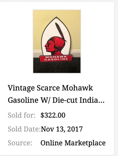VINTAGE SCARCE MOHAWK GASOLINE DIE-CUT INDIAN CHIEF 1' ENAMEL METAL GAS OIL SIGN
