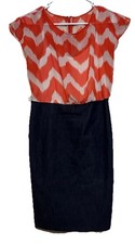 Chevron Dress Melon Orange White Top Denim Look Skirt Work Career Colorblock