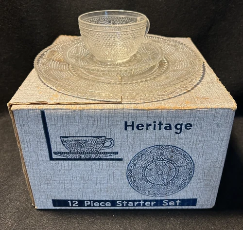 12 Piece Vintage Federal Clear Depression Glass Heritage STARTER SET w/Orig Box