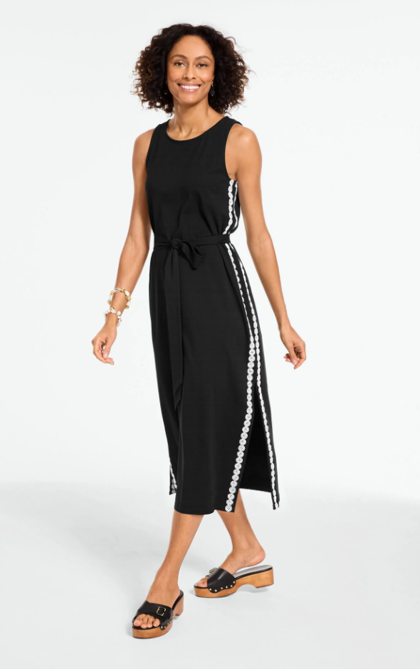 TALBOTS Embroidered Jersey Knit Midi Dress, Black Color New