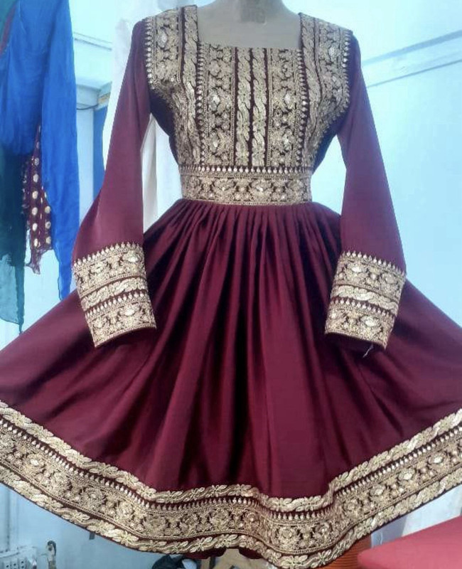 Afghan Dress Set Maroon Silk Gold Embroidery with Matching Scarf and Pants Women